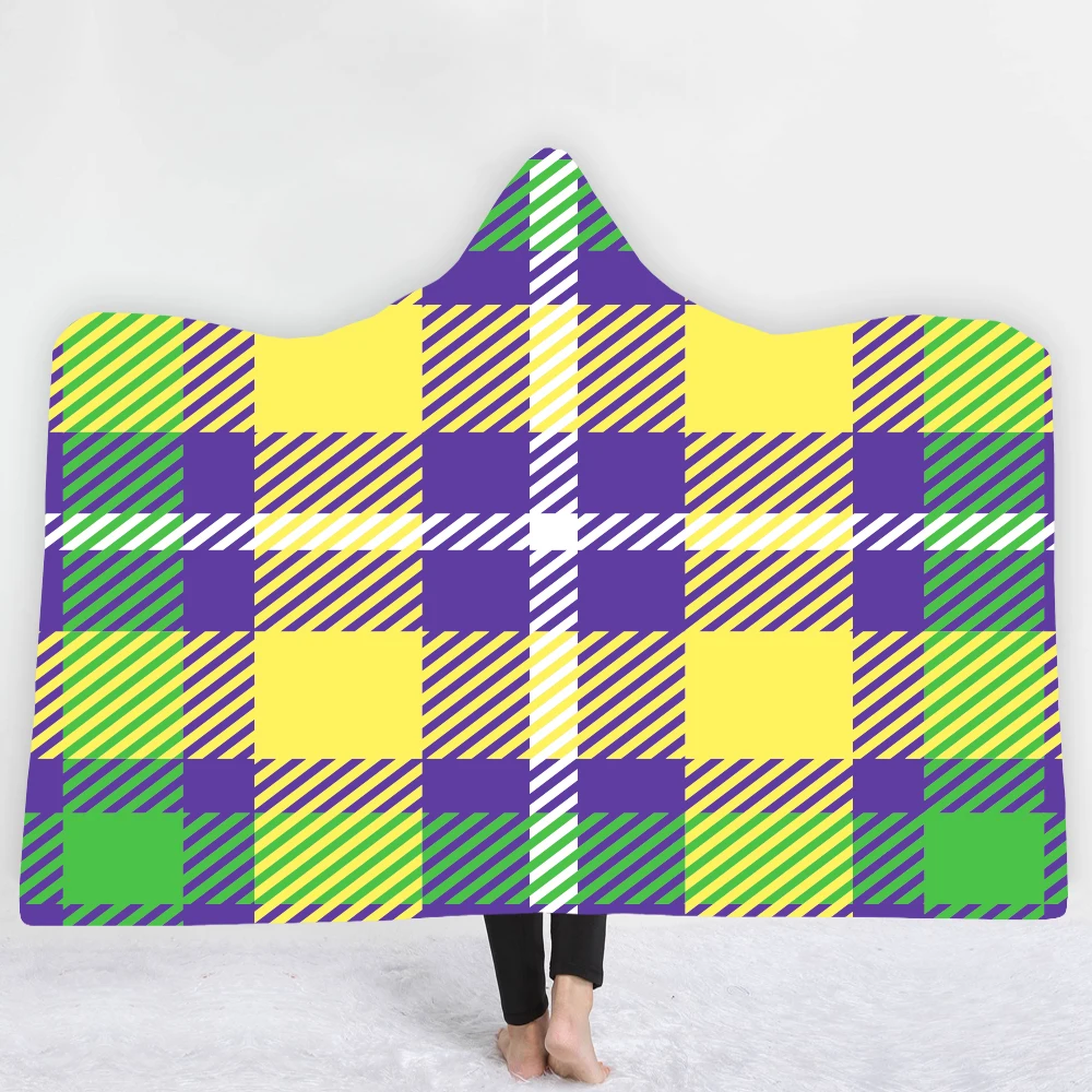 Одеяло с капюшоном в клетку 35 цветов шерпа флис морской синий пригодное для носки