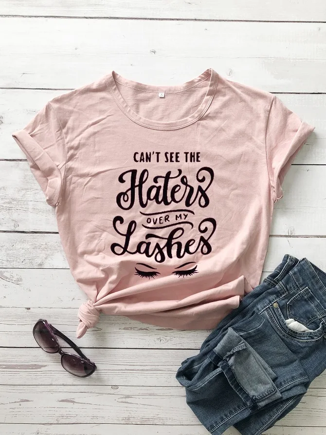Peach-black txt Cant See The Haters For My Lashes футболка для макияжа футболка для художника ресницы Забавный Графический Женский модный тройник лозунг tumblr Топы в готическом стиле - Цвет: Peach-black txt