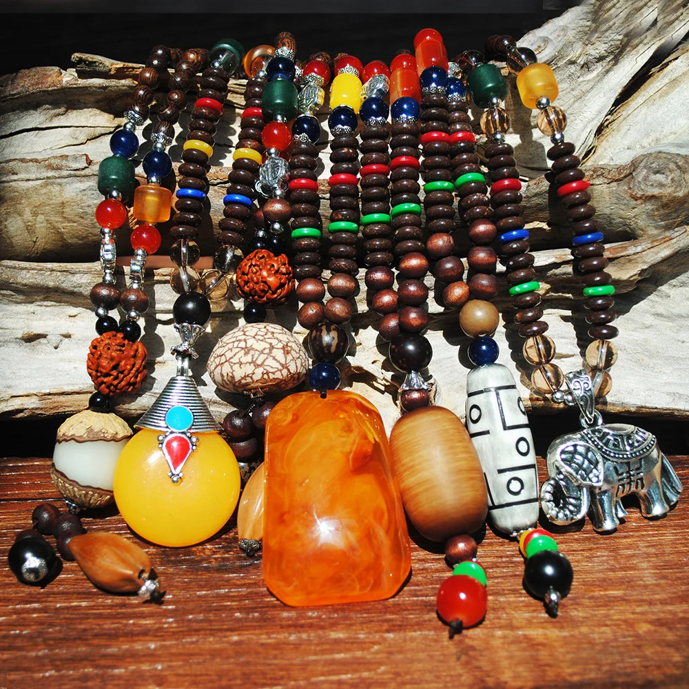 

Retro National Wind Long Sweater Chain Door Frame Beaded Bracelet Faux Beeswax Jade Pendant Necklace Men And Women Cotton Linen