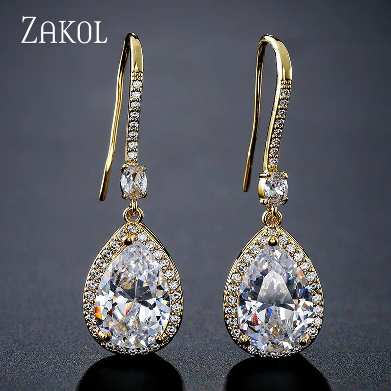 Gold Color ZAKOL Элегантные Свадебные Длинные серьги в форме капли с кубическим цирконием, роскошные свадебные украшения для невест FSEP2207 - Окраска металла: Gold Color