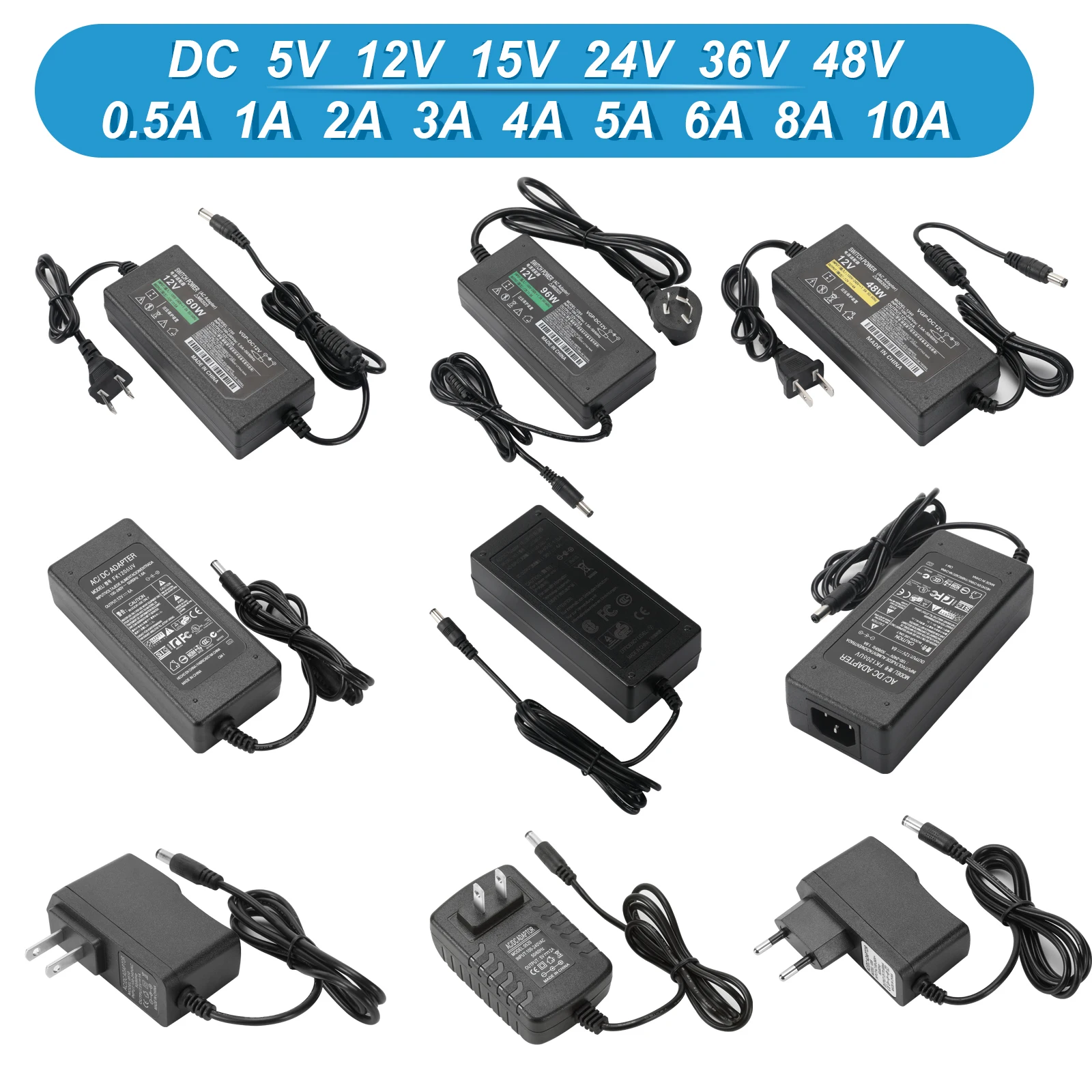 AC110-220V DC 5V 12V 15V 24V 36V 48V 1A 2A 3A 5A 6A 8A Universal Power Adapter Supply Charger adaptor EU US for LED light strips power adapter