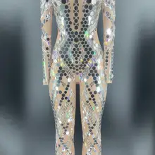 Мигающие серебряные зеркала камень комбинезон для женщин бар танец чистая пряжа, одежда на День Рождения Праздновать просвечивающий наряд YOUDU