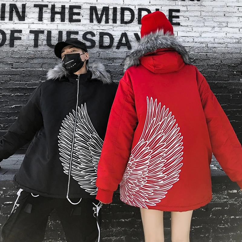 US Size Winter Parkas Jackets Wing Print Streetwear Men Hip Hop Warm Thick Coat Multi-pocket Outerwear Couple DG489