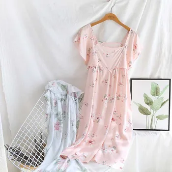 

Summer New Ladies Sleep Dress Loose Thin Cotton Satin Dress Fresh Style Floral Printed Square Collar Women Soft Home-wear Dress