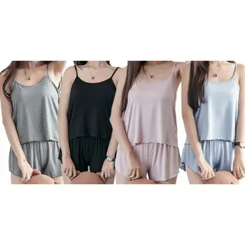 

Minimalist Women Summer Sleeveless Pajamas Set Solid Color Sexy Tank Top Camisole Curved Hem Shorts Sleepwear Sling Loungewear