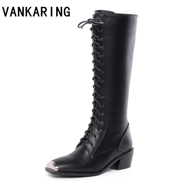 

autumn winter leather women platform snow boots high quality cross tied lace up long knee high Knight motorcycle boots plus size