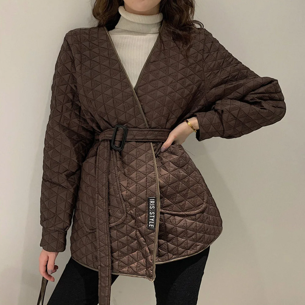 

Goth Quilted Down Jacket Slim Women Cotton Padded Female Autumn Winter Belt Solid Color Parkas Coat Warm Outwear Fashion
