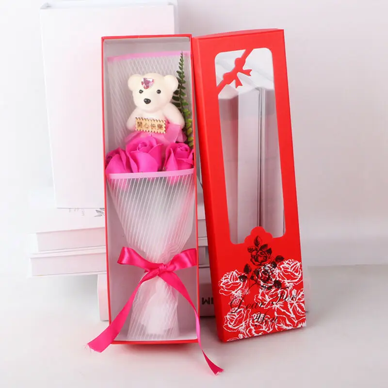 Мыло роза цветок милый медведь плюшевый медведь роскошный подружка подарок на день Святого Валентина(3 розы+ медведь