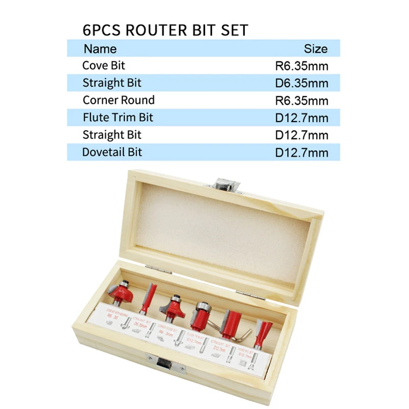 LAMEZIA 6pcs 6.35mm Shank Tungsten Carbide Tipped Milling Cutter Wood Router Bit Set Bearing Woodworking Tool Box