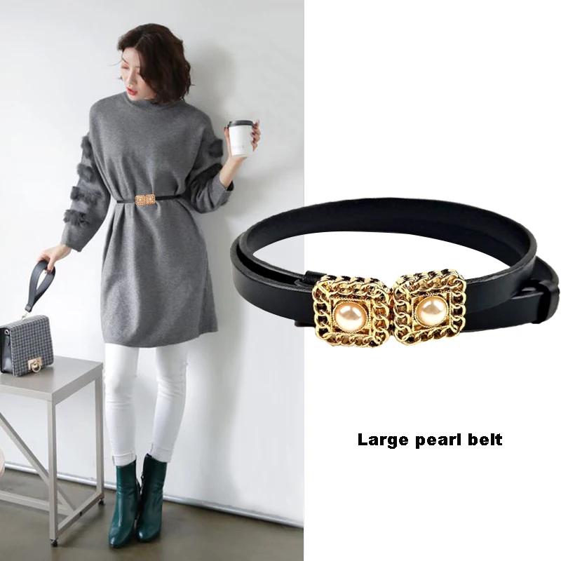 

Fashion Elegant Ladies Pearl Waist Metal Cowhide Belt Wild Thin Waistband Women Dress Decoration Belts Slim Belt