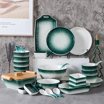 

Green Ripple Plate Steak Food Dinnerware Nordic Style Tableware Bowl Ins Dinner Dish High Porcelain Hotel Plate Set