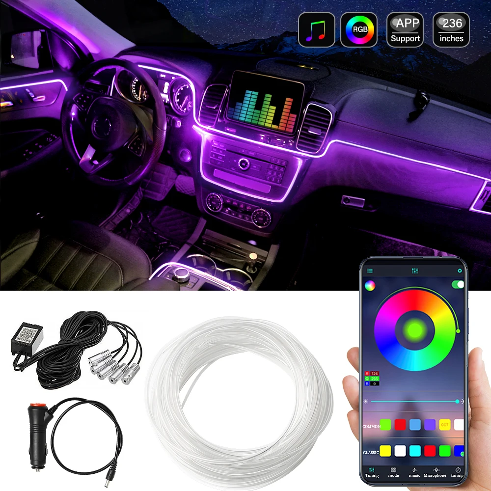 Waterproof 4x12 LED Neon Lamp Lights for Car Auto Decoration Music Sound-activated Lighting Kit 12V Multi-color Car LED Strip Lights Car Atmosphere lights Energy Class A+ Interior Lights 