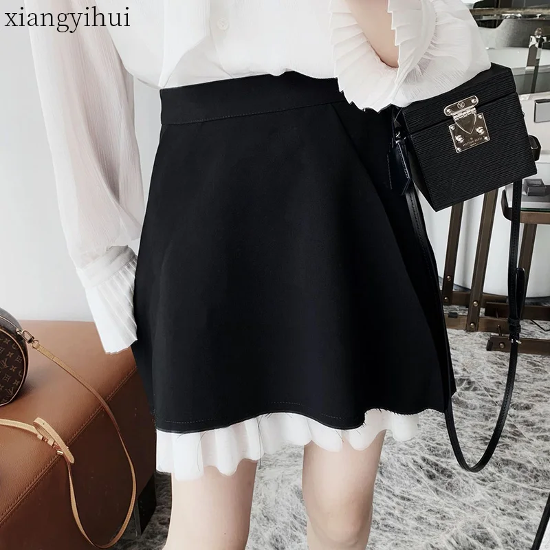 Сетчатая Лоскутная Женская черная юбка, женская элегантная Осенняя мини-юбка, Женская фатиновая юбка с высокой талией