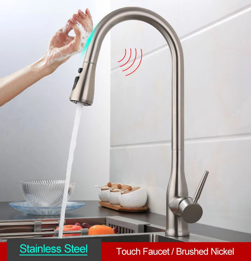 Brushed Nickel Смеситель для кухонной раковины с Индукционным датчиком, кран с гибким потоком, кран с креплением на палубе, кран из никеля и нержавеющей стали - Цвет: Brushed Nickel