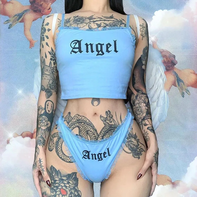 InsGoth Sexy High Waist Women Sets Letter Print Fashion Female Two Piece Set Summer Crop Tank Top And Briefs Matching |
