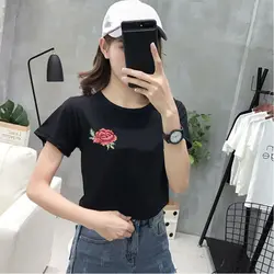 Модные черные летние футболки с принтом розы для девочек, женские футболки с короткими рукавами и круглым вырезом с вышивкой розы, топы m-xxl