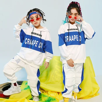 

Hip Hop Dance Costumes Kids Blue Long Sleeve Tops Trousers Jazz Stage Dancing Wear Set Girls Streetwear Show Clothing DQS4006