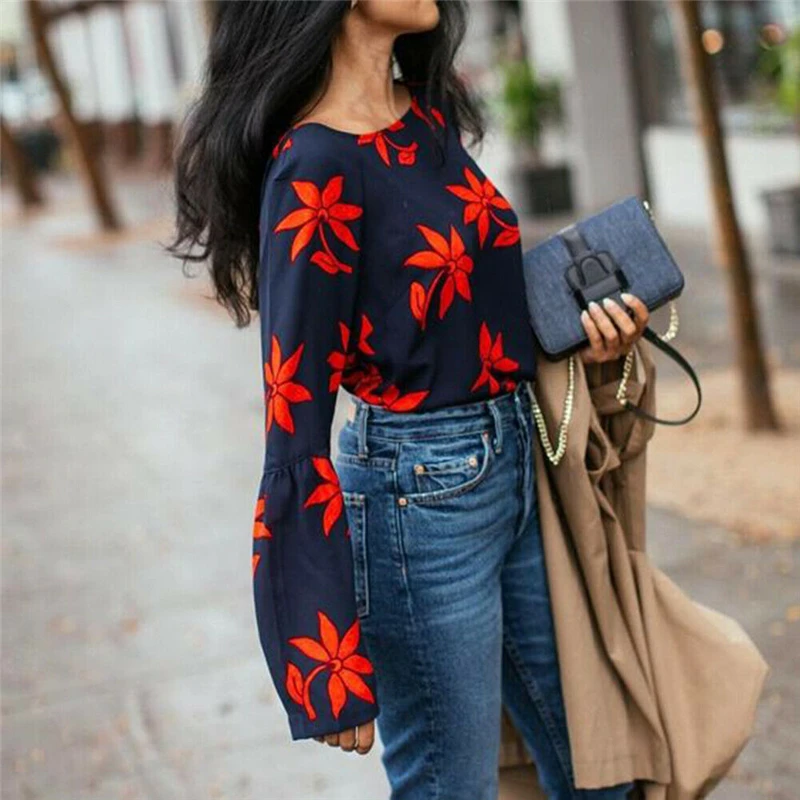 

Womens Blouses Fashion Round Collar Shirt Flared Long Sleeve Blouse Ladies Casual Tops Shirt Floral Womens Clothing Female Shirt