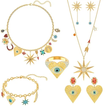 

Delicate New Lucky Goddess Star Gold Tone Charm Necklace Set Horseshoe Cupid's Arrow Demon Eye Crystal Women Jewelry