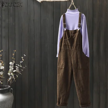 

ZANZEA Womens Jumpsuits Corduroy Overalls Loose Dungarees Bib Pants Casual Solid Wide Leg Jumpsuit Rompers Combinaison Femme 5XL