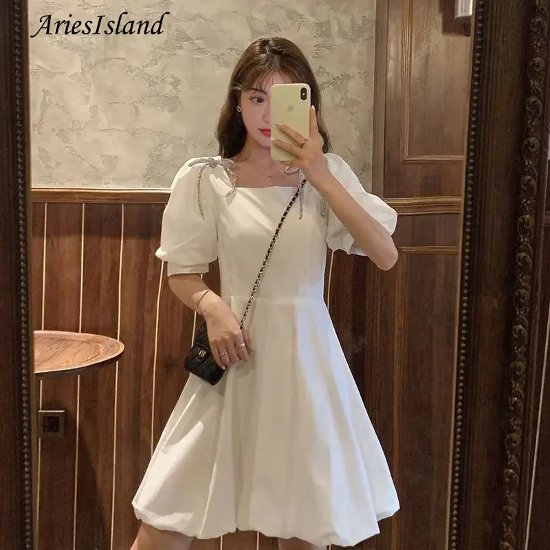 Sweet Summer dress Mini Bow Square collar Puff sleeve Korean fashion New dresses for women 2021 Party Elegant Dress For Women