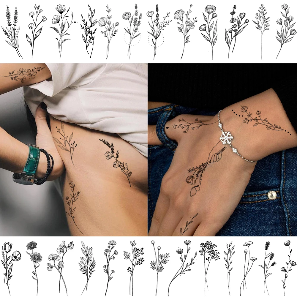 3D Watercolor Lavender Flower Temporary Tattoos Tattoo Sticker For Women Body Art Arm Fake Flora Adults Waterproof Girls Tatoos