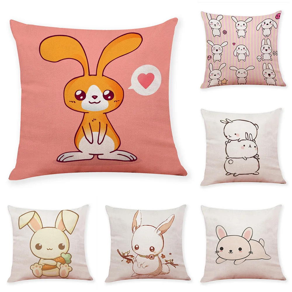 

Happy New Year Decorative Pillow Cover Cute Rabbit Home Decoration Christmas Throw Pillow Cover Cotton Linen Sofa Cushion Cover