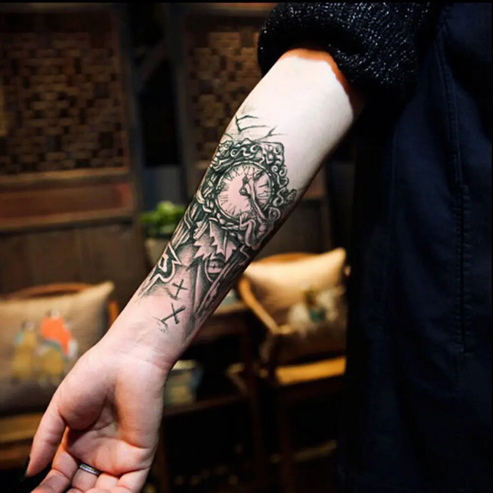 Hot Sales Cheap Popular Body Arts Temporary Tattoo Waterproof 3D Black Mechanical Arm Fake Transfer Tattoo Sticker