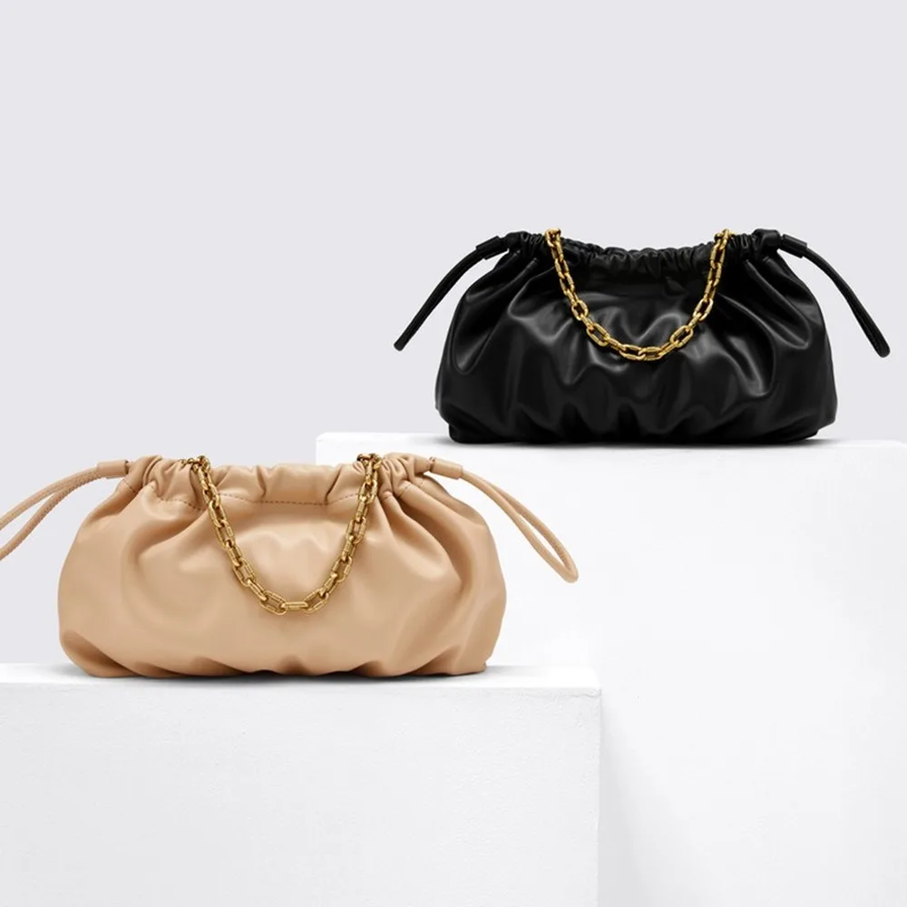 

Small Hobos Bag 2020 New Style Drawstring Ornaments Chain Cloud Bag Solid Color Hand Shoulder Dumpling Bag Women's Bag