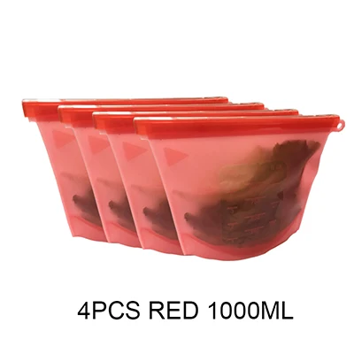1000ml red 4PCS Многоразовый силикон вакуумное уплотнение еда свежий мешок Фрукты Мясо Молоко герметичные емкости для хранения продуктов контейнеры пакет для холодильника Ziplock кухонный орган - Цвет: 1000ml red 4PCS