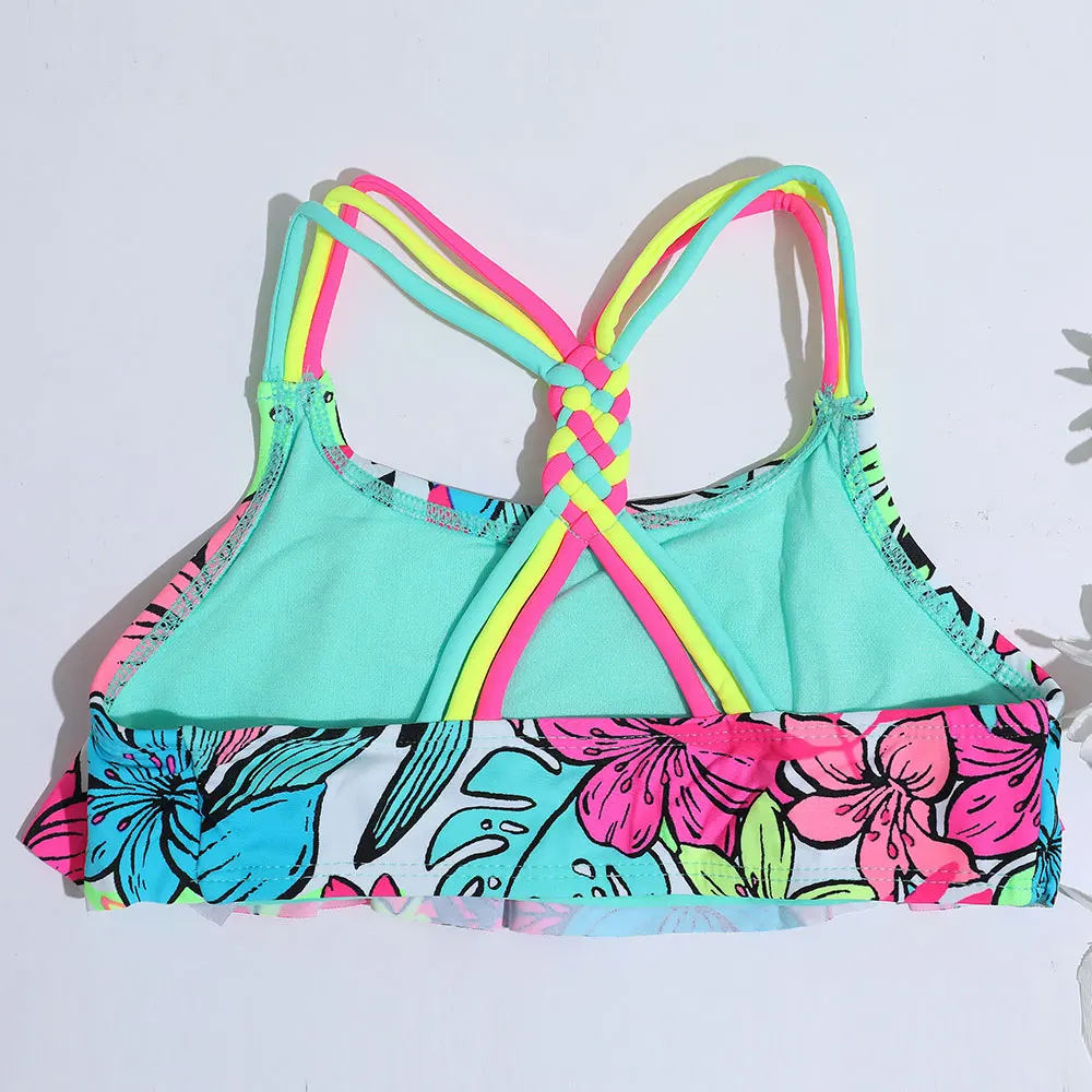 4-18 Years Flounce Girl Swimsuit Kids Tropical Floral Two Piece Children's Swimwear Crochet Strap Bikini Set Girls Bathing Suits