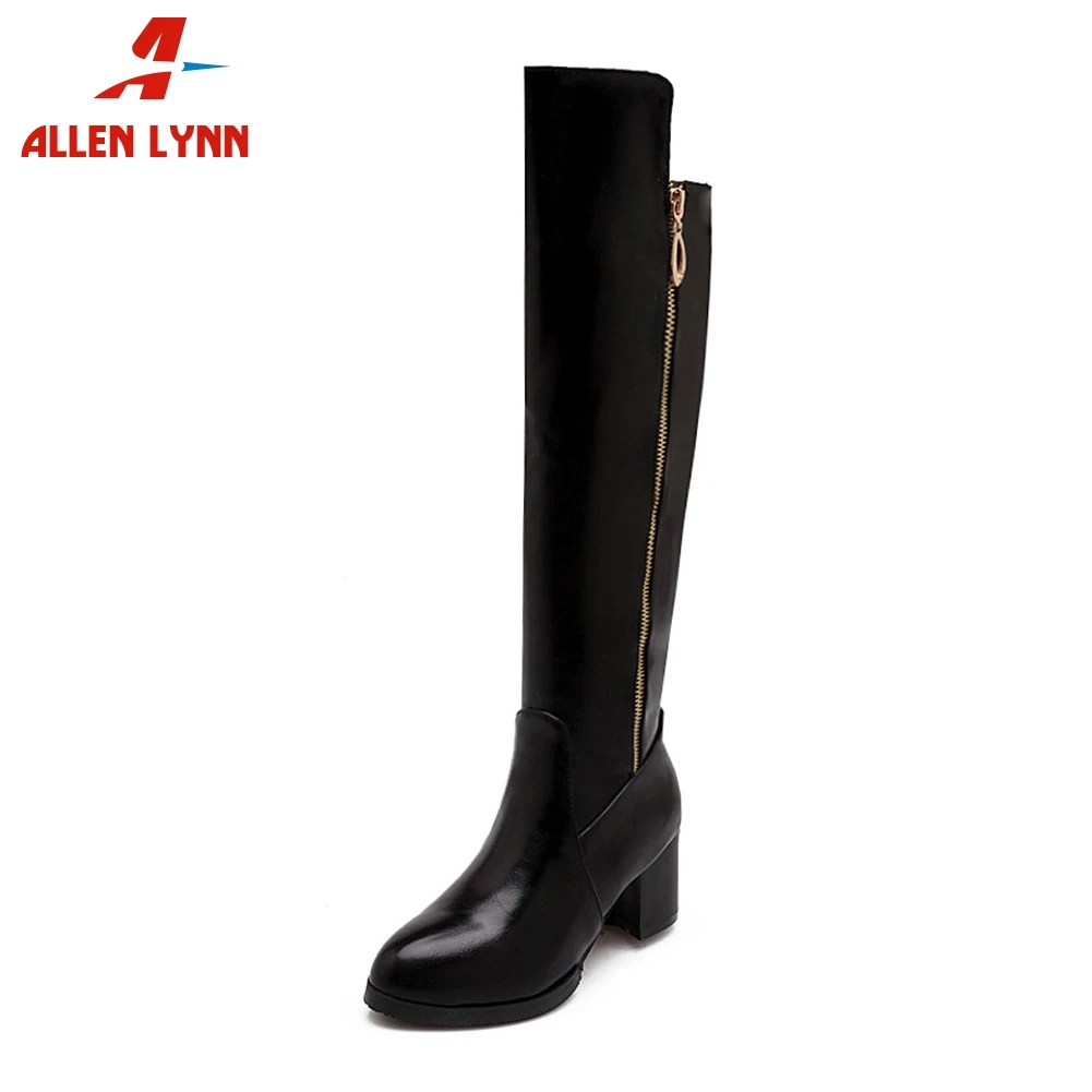 

ALLENLYNN Plus Size 34-47 Lady Cool Solid Knight Boots Office Fashion Knee High Zipper Boots Women 2019 High Heel Shoes Woman