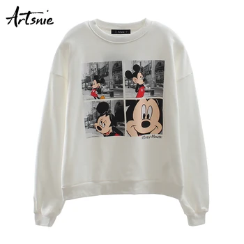 

Artsnie white casual cartoon print women sweatshirt streetwear o neck long sleeve hoodies winter knitted sweatshirts female