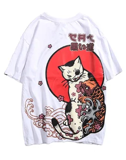 Футболка мужская хип-хоп японская Ukiyo E Cat Футболка Harajuku уличная футболка повседневные летние топы с коротким рукавом Футболка в японском стиле