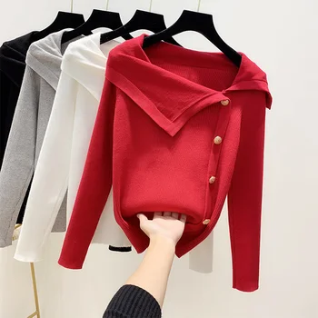 

2019 Winter Sexy Sweater Lapel Off Shoulder Knitted Bottom Shirt Women Fashion Breasted Slim Sweater Top Ladies Pullovers Femme