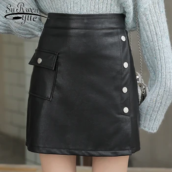 

2019 New Casual Slim High Waist Women Pu Leather Skirt Ladies A-line Short Skirt Pocket Button Mini Skirts Short Hot 6058 50
