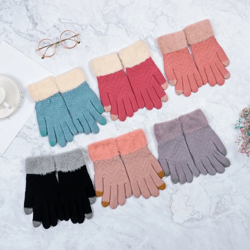

Women Knitted Gloves Winter Touch Screen Ladies Wrist Gloves Thicken Warm Full Finger Soft Stretch Knit Mittens Female Guantes