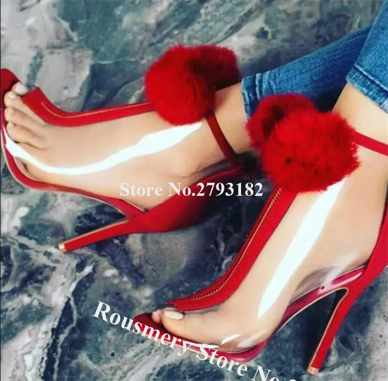 

Women Sexy Peep Toe PVC Zipper Puffer Balls Decorated Stiletto Heel Short Gladiator Boots Red Black Blue Transparent Ankle Boots