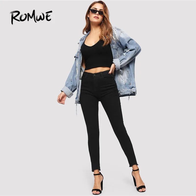 ROMWE Frayed Edge Skinny Jeans Woman Spring High Waist Jeans Casual Button Fly Black Denim Pants Ladies Solid Cropped Pants
