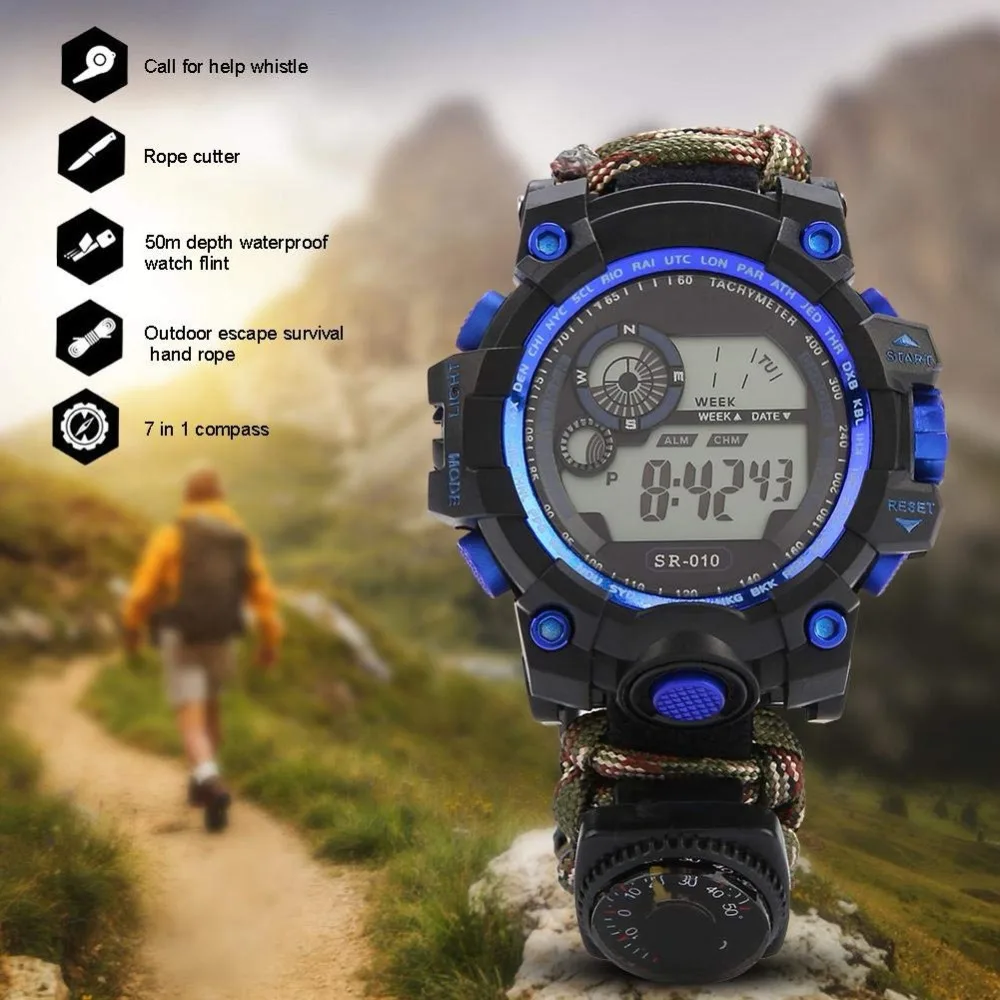 Survive Outdoor Watch Emergency with Night Vision 50M Waterproof Paracord Knife Compass Thermometer Whistles First Aid Kits