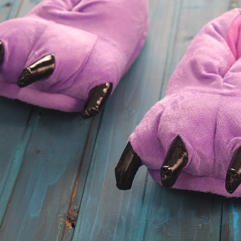 Г., зимние теплые мягкие домашние тапочки женская, мужская, детская обувь плюшевые домашние тапочки в виде лап забавного животного, рождественского монстра, динозавра - Цвет: Purple