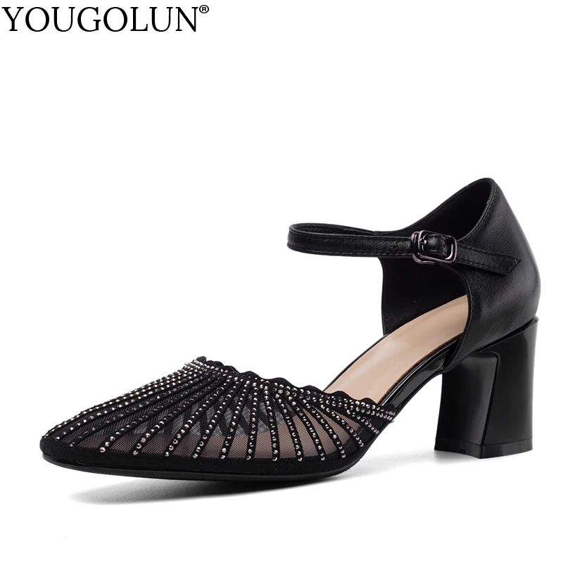 

High Heel Mesh Sandals Women Summer Cow Leather Lady Ankle Strap Square Heel Pointed Toe C263 Woman Apricot Black Buckle Sandal