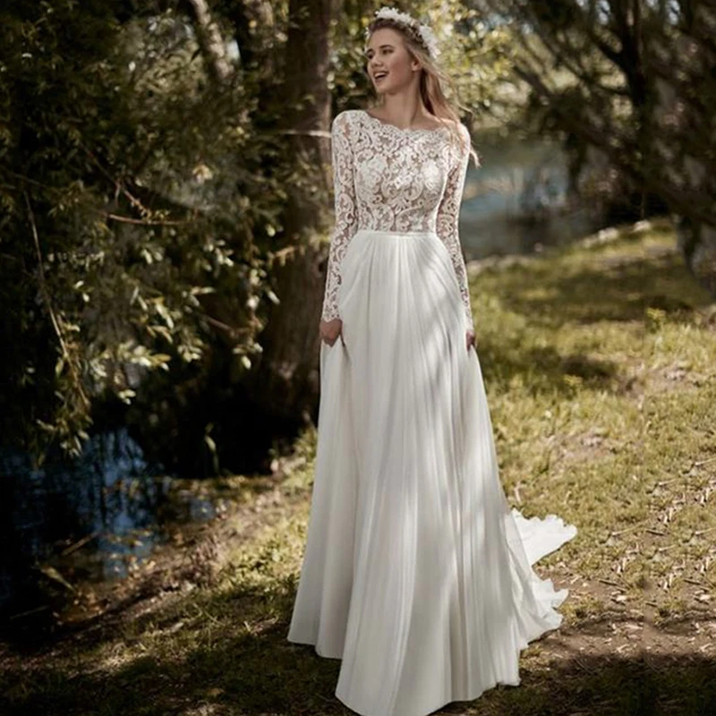 

Eightree Vestido de noiva Long Sleeve Wedding Dresses Boho Backless Robe de mariee Chiffon Boho Bride Gown Princess Bridal Dress