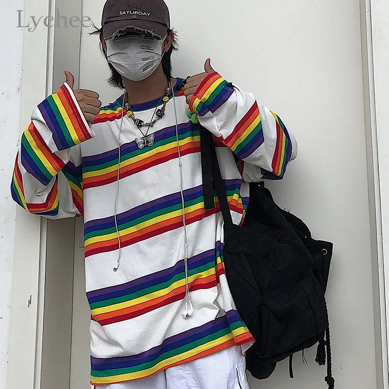 Lychee Harajuku женская футболка в радужную полоску с цветным блоком осенние свободные женские футболки Топы Футболки с вырезом лодочкой женская футболка футболки