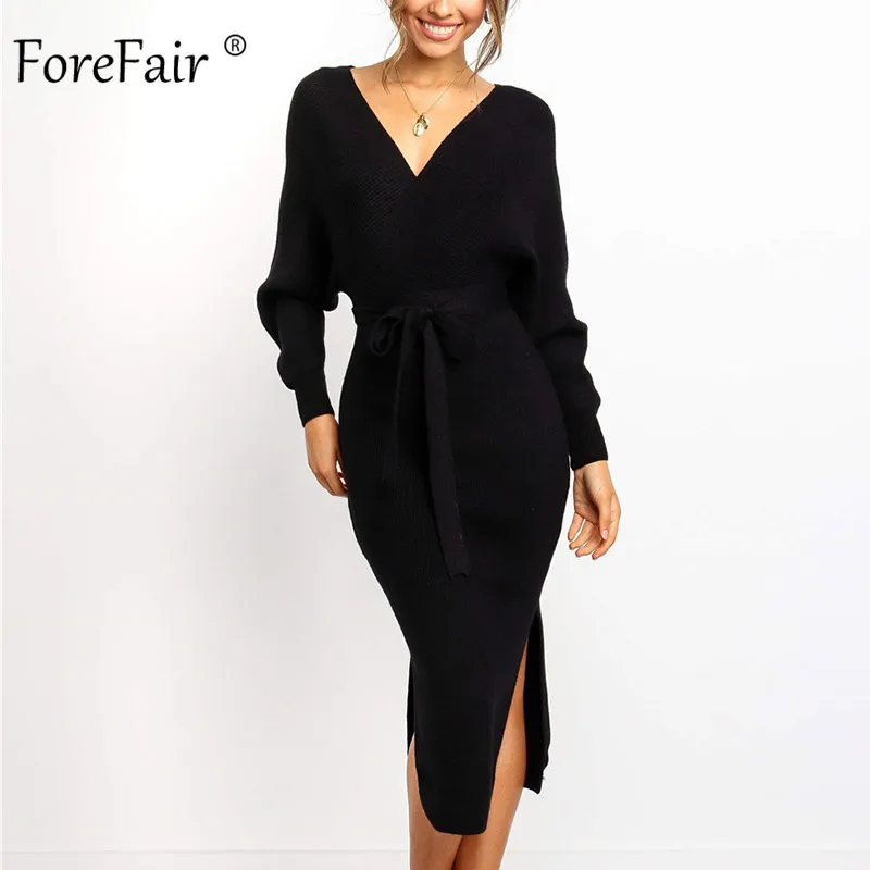 Forefair, сексуальное женское платье-свитер с длинным рукавом,, вечерние, с разрезом, элегантные, с поясом, облегающее, миди, с запахом, вязаное, зимнее платье - Цвет: Black Dress