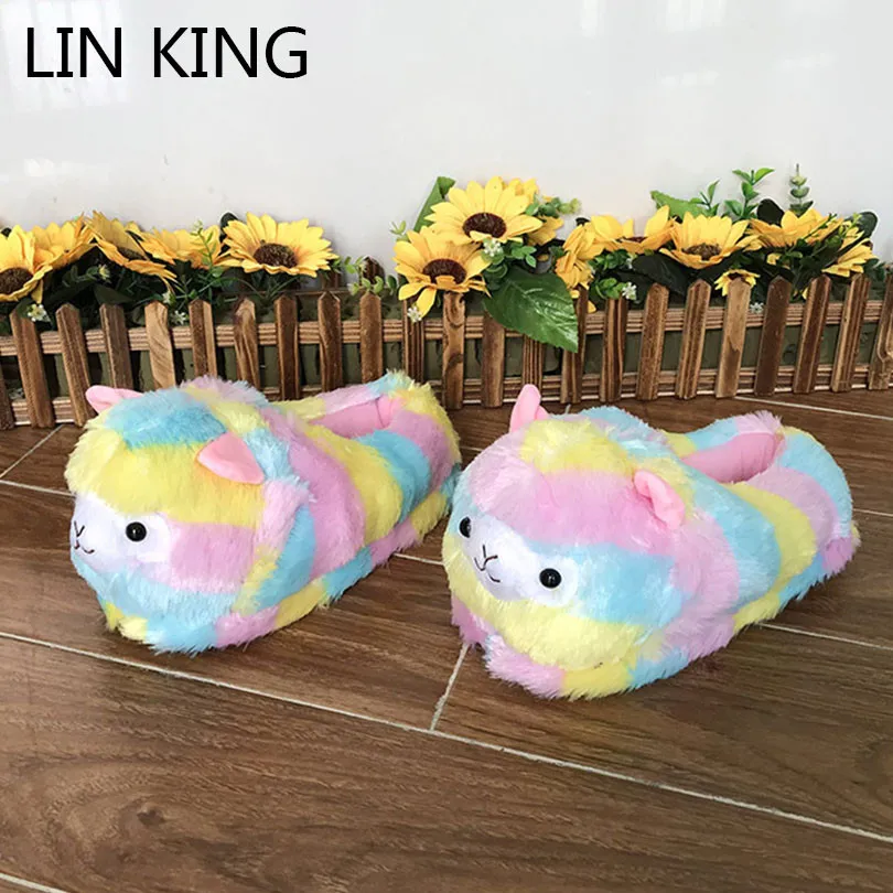 Симпатичные красочные меховые тапочки LIN KING из альпаки женские домашние теплые