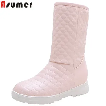

ASUMER plus size 34-48 fashion mid calf boots women round toe slip on flat with winter boots casual keep warm snow boots womens