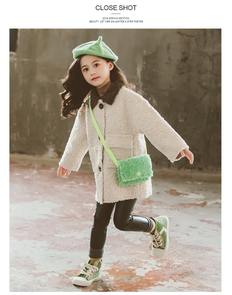 

New winter England style simple Artificial faux fur with skin turn down collar long section jacket outwear for teenage girls
