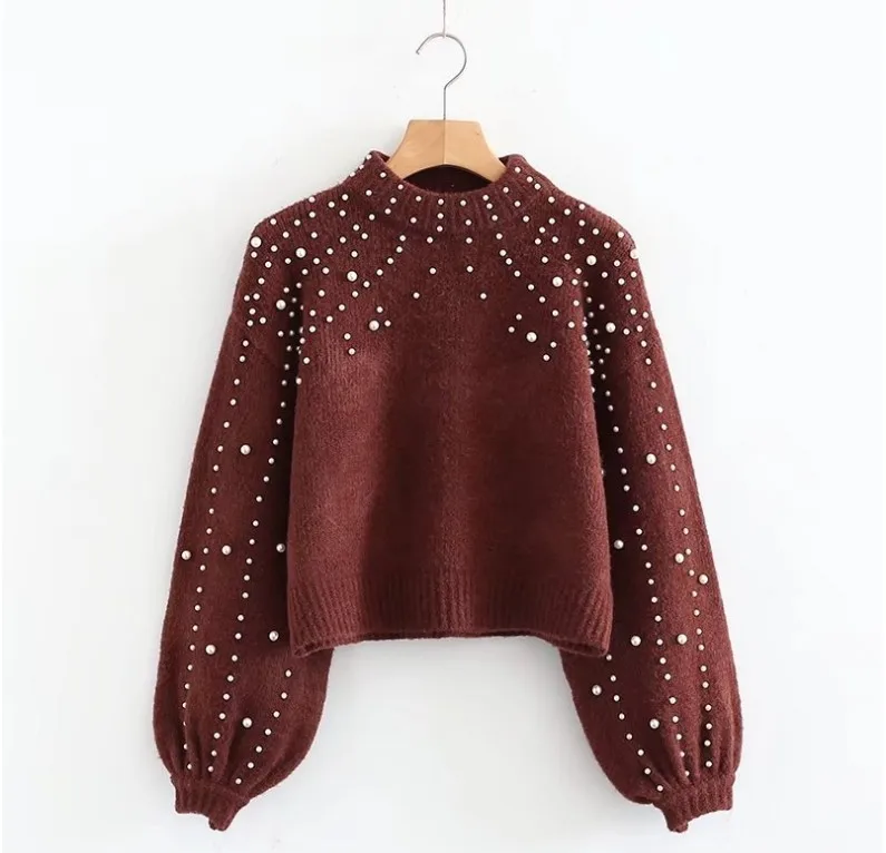 Осень зима свободный свитер с круглым вырезом женский короткий свитер с жемчужинами элегантная одежда популярная одежда