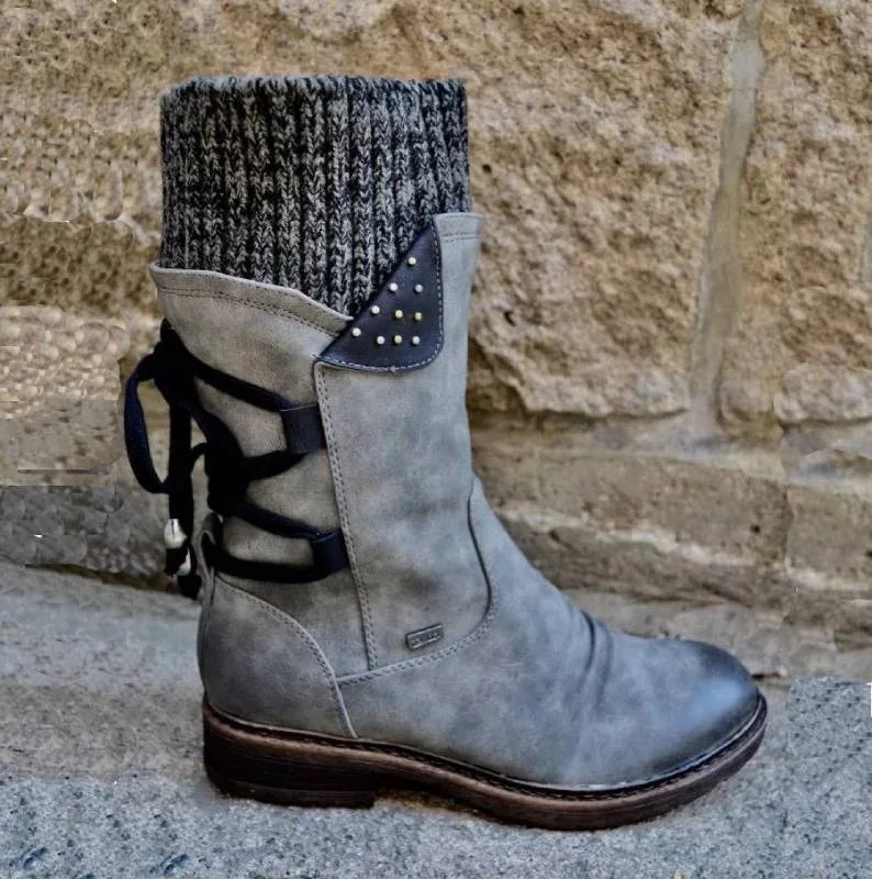Зимние ботинки модные женские ботинки до середины икры из pu искусственной кожи на молнии со шнуровкой сзади однотонная обувь на низком каблуке Женская обувь